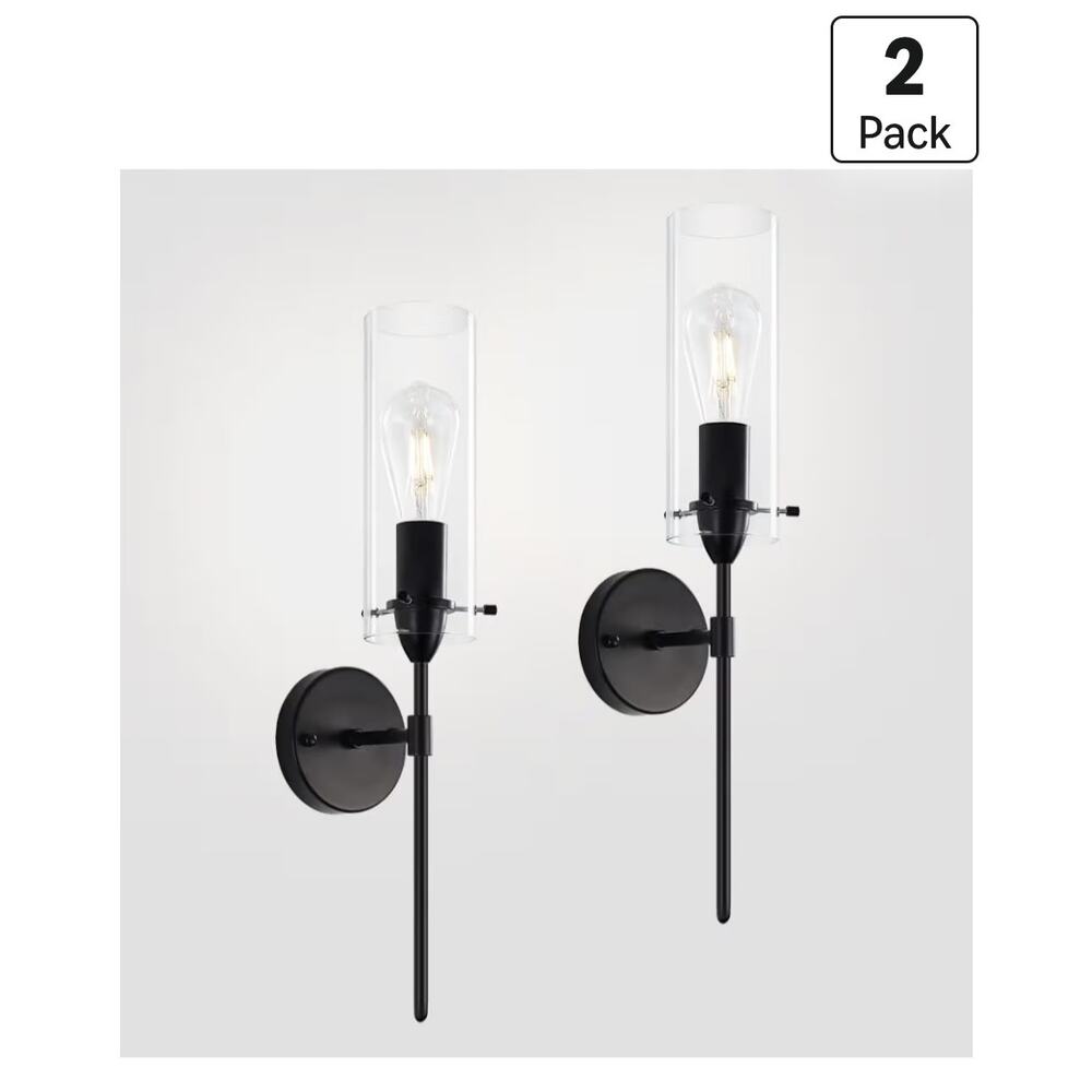Loptang Modern Black Wall Sconces Set of 2 Clear Glass Hardwired Lights